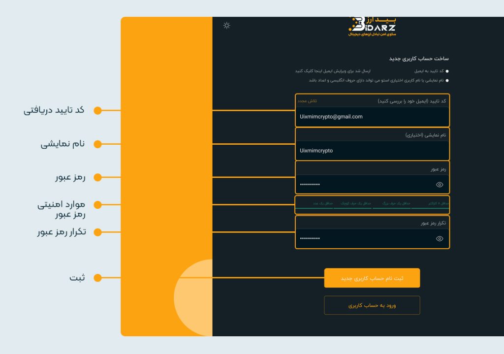 تصویر صحفه ساخت حساب کاربری، وارد کردن کد دریافتی و تعیین رمز عبور